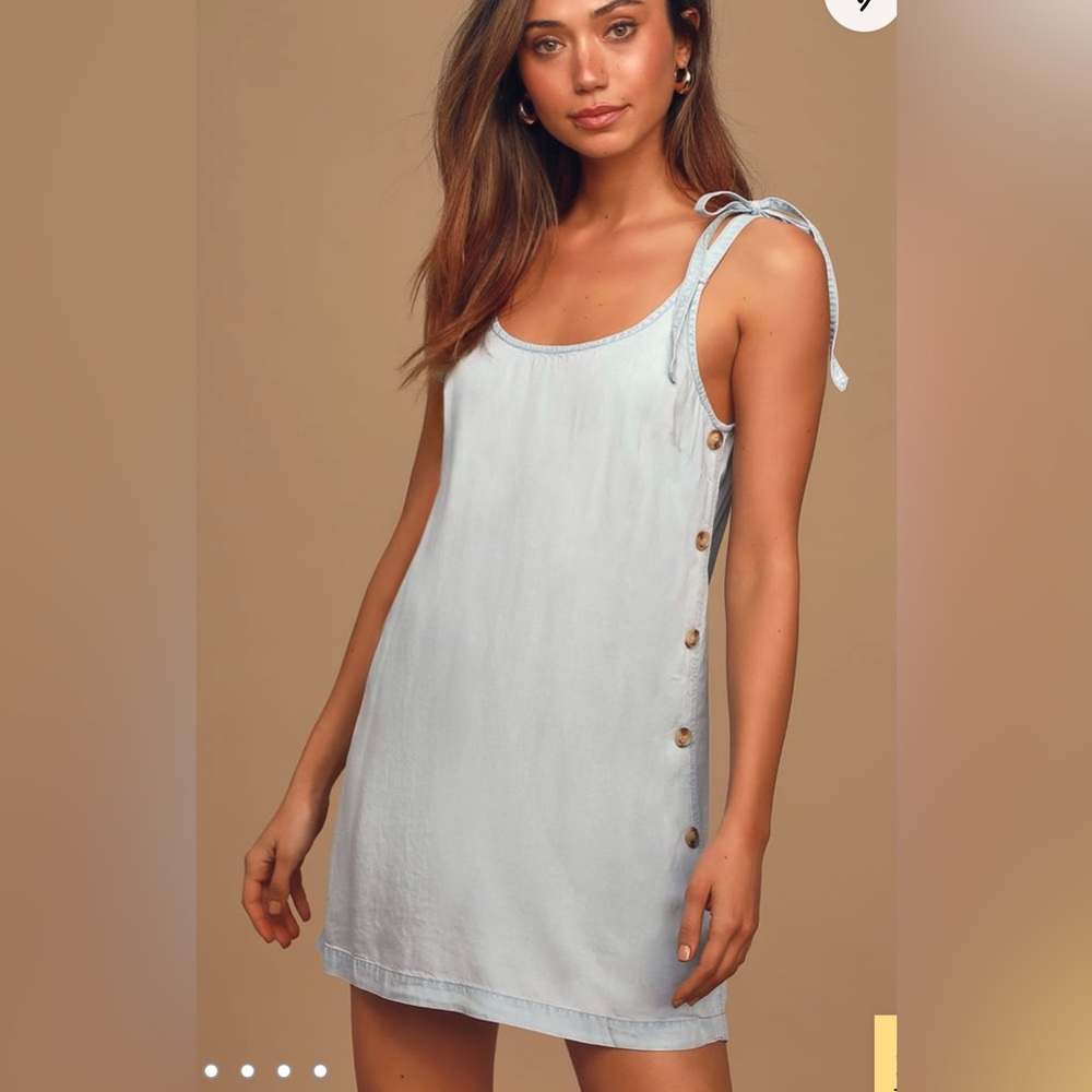 Heart Earned Light Blue Chambray Tie-Strap Shift Dress